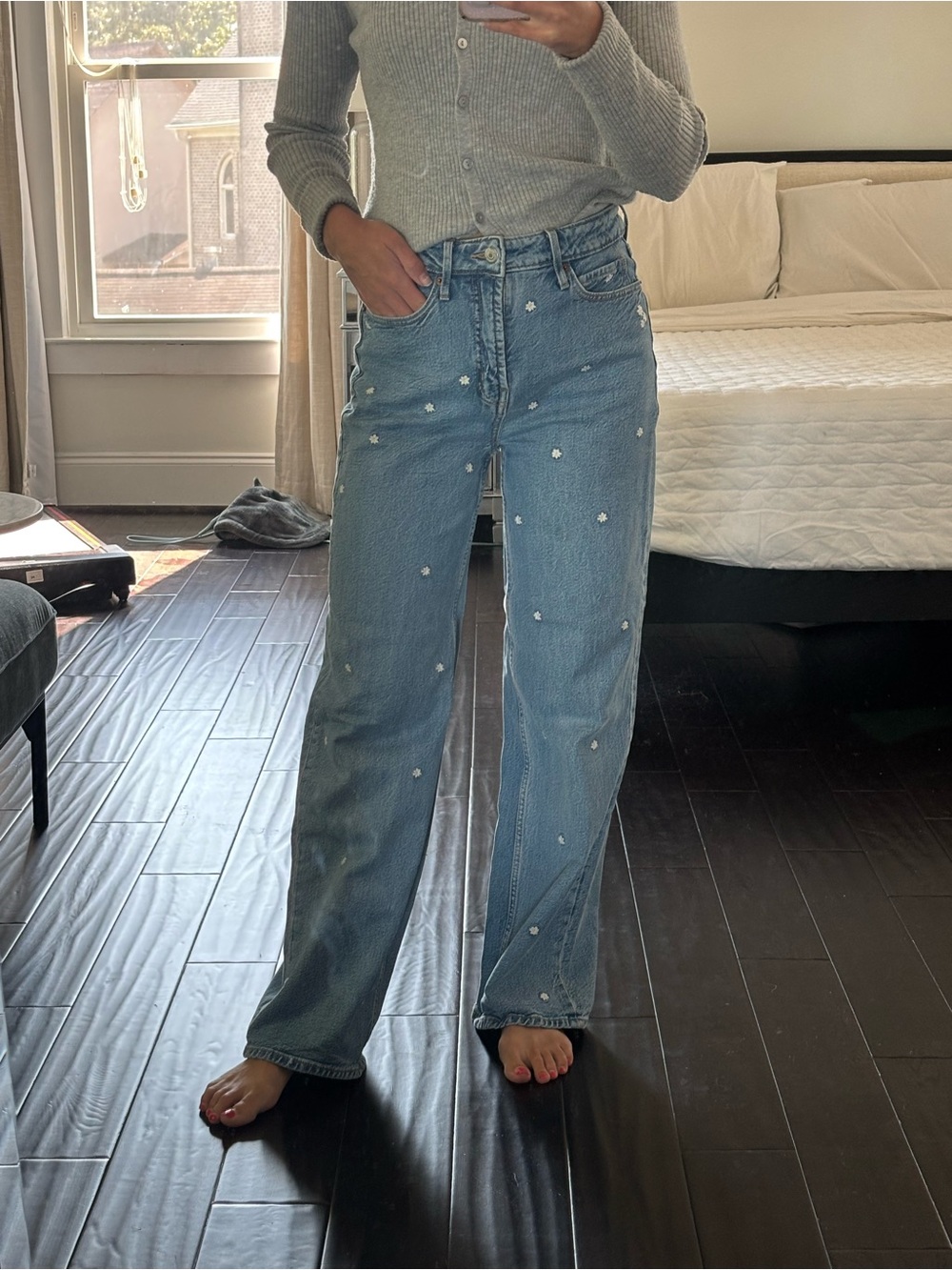 Old Navy Light Blue Wide-Leg Jeans with Daisy Embroidery, Extra High-Rise